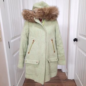 J.Crew Nello Gori Italian Stadium Wool Coat Jacket Size 4 green faux fur hood